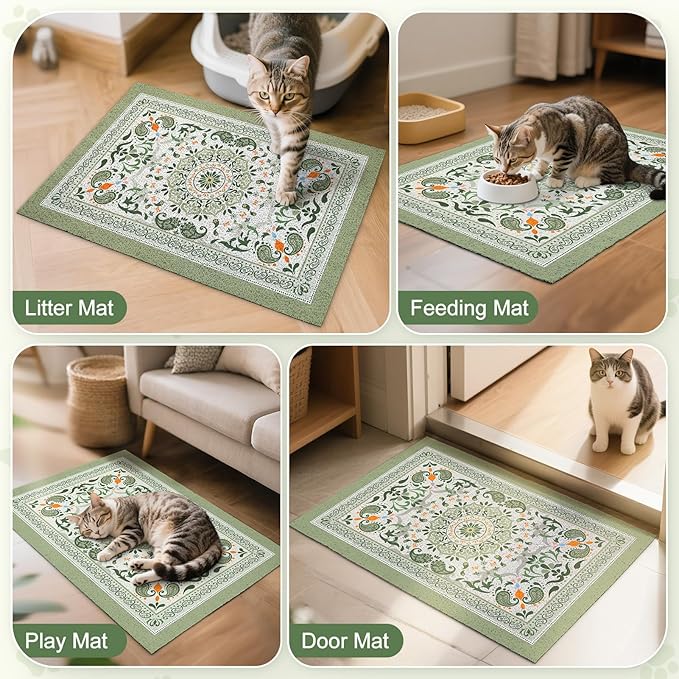 Unicorn Catcher Cat Litter Mat 24" x 15" Non-Slip Litter Box Mat Washable Litter Catcher Mat for Litter Box Indoor Food Mat Supplies Essentials, Green Mandala