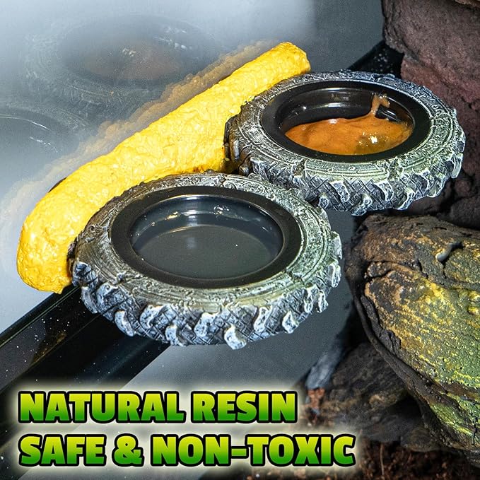 Magnetic Reptile Feeder Ledge, Crested Gecko Feeding Ledge with PVC Food Bowls, Tire-Shaped Reptile Food Dish for Crested Gecko Leopard Gecko Lizard Frog Bearded Dragon