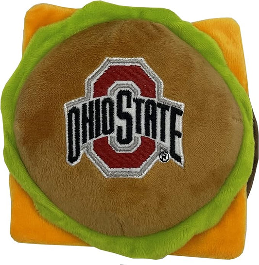 NCAA Ohio State Buckeyes Cheeseburger Plush Dog & CAT Squeak Toy- Cutest Stadium Hamburger Snack Plush Toy for Dogs & Cats with Inner Squeaker & Beautiful Football/Basketball Team Name/Logo