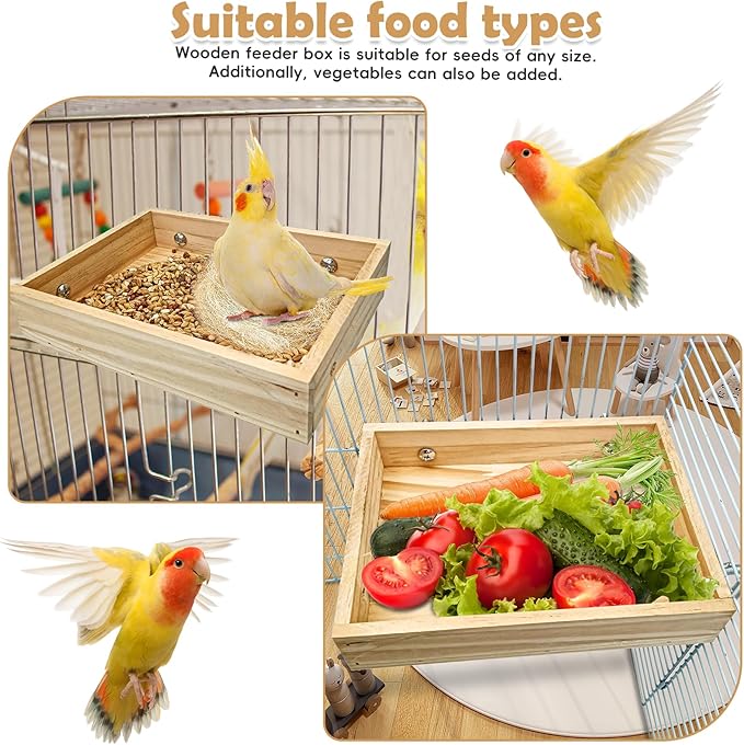 BNOSDM Wooden Bird Feeder for Cage Natural Wood Bird Foraging Box Food Dish for Small to Medium Birds Parrot Feeding Cups for Cockatiel, Lovebird, Parakeet, Budgies (Small)
