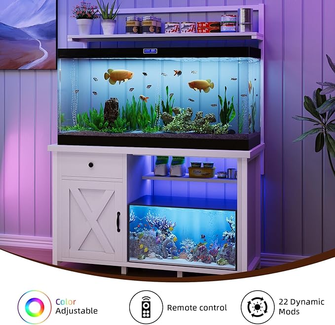 4ever2buy 55-75 Gallon Fish Tank Stand with Power Outlet, Led Light, Heavy Duty Aquarium Stand with Cabinet for Fish Tank Accessories Storage, Shelf, for Turtle Tank, Reptile Terrarium, 1100LBS, White