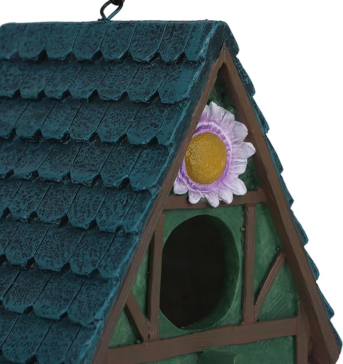 Green Resin Bird House with Slanted Roof, 1.5" Entry Hole Weatherproof Outdoor Decor for Cardinals Finches, Rustic Bird Sanctuary for Backyard Patio Garden