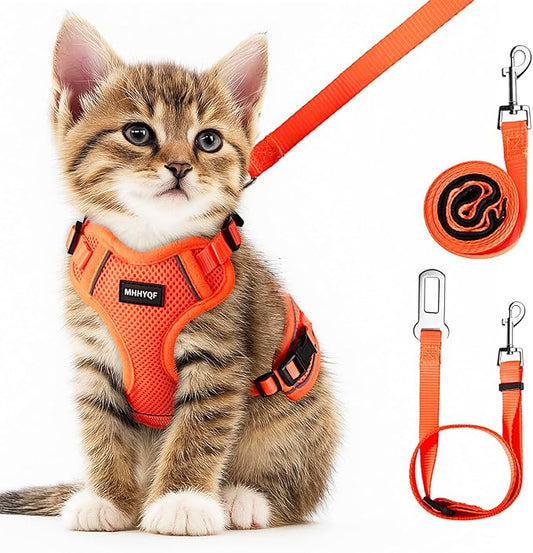 Cat Harness and Leash for Walking Escape Proof Soft Adjustable Cat Leash Breathable Comfortable Vest Easy to Wear Kitten Harness for Outdoor Travel, Orange, XS