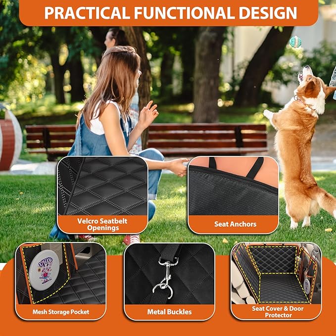 Dog Car Seat Cover for Back Seat, Hard Bottom Up to 500lbs Back Seat Extender for Dogs, Waterproof Non-Slip Sturdy Breathable Comfortable Dog Hammock for Car, SUV,Truck