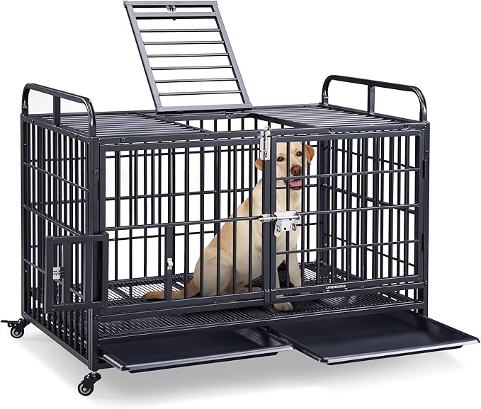 Lauren&Harold 48 Inch Heavy Duty Dog Crate for Medium/Large Dogs, Metal Dog Kennel Indoor with Top Door&Feed Door, Easy-to-Clean XL Dog Cage with Removable Tray&Wheels, Large Dog crates Furniture