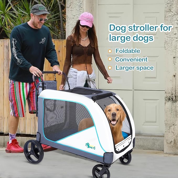 Ownpets Extra-Large Dog Stroller for Large Dogs Up to 154lbs, with Hanging Storage Bag, Foldable Dog Wagon with Adjustable Handle & Breathable Mesh, 4 Wheels Pet Stroller