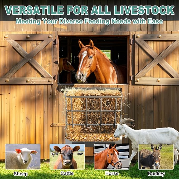 Goat Hay Feeder, 21 Gallon Large Capacity Hay Rack, 2 in 1 Hay and Grain Feeder, Wall Mounted Livestock Feeder with Feed Tray Wall Hay Rack for Sheep, Horses, Goats, Metal Hay Holder in Farm