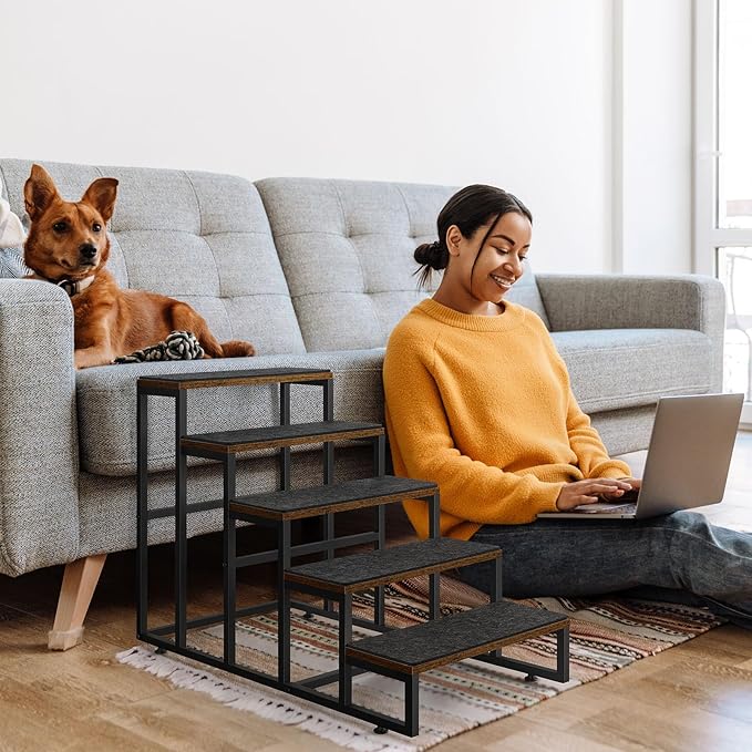 Pet Stairs for High Bed & Couch - 5 Steps Non-Slip Dog Stairs for Small Dogs & Older/Injured Pets, Brown