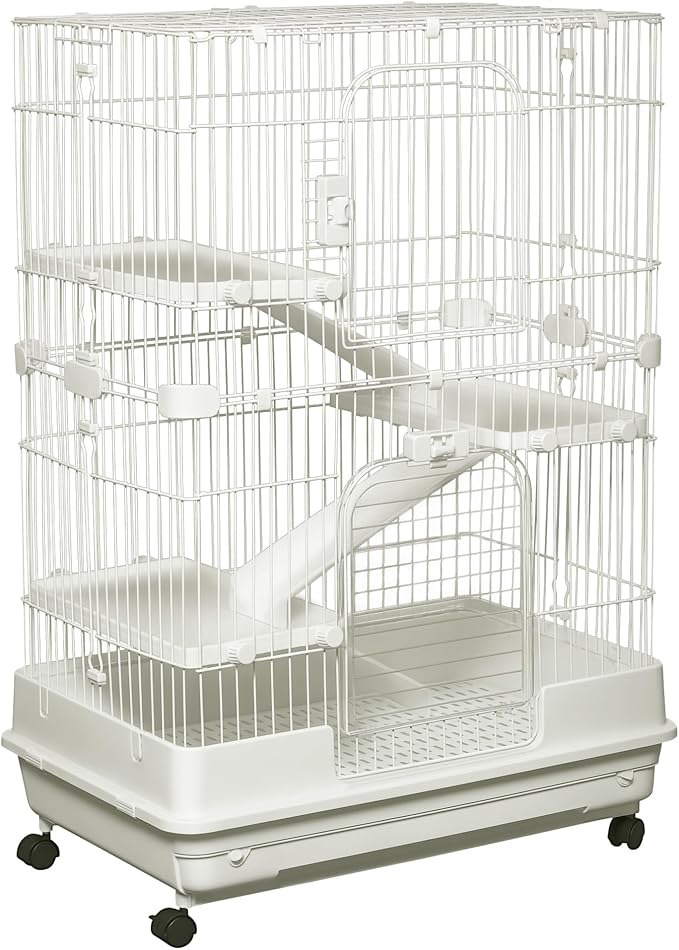 PawHut 4-Level Small Animal Cage Rabbit Hutch with Wheels, Removable Tray, Platform and Ramp for Bunny, Chinchillas, Ferret, White