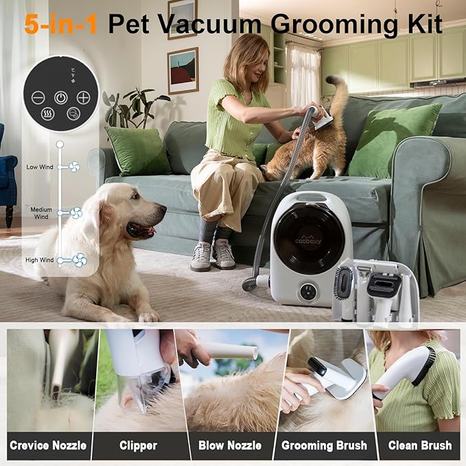5-in-1 Dog Vacuum Grooming Kit, Low Noise Doggie Hair Blow Dryer, 2.5L Canister, Portable Pet Trimmers for Dogs, White