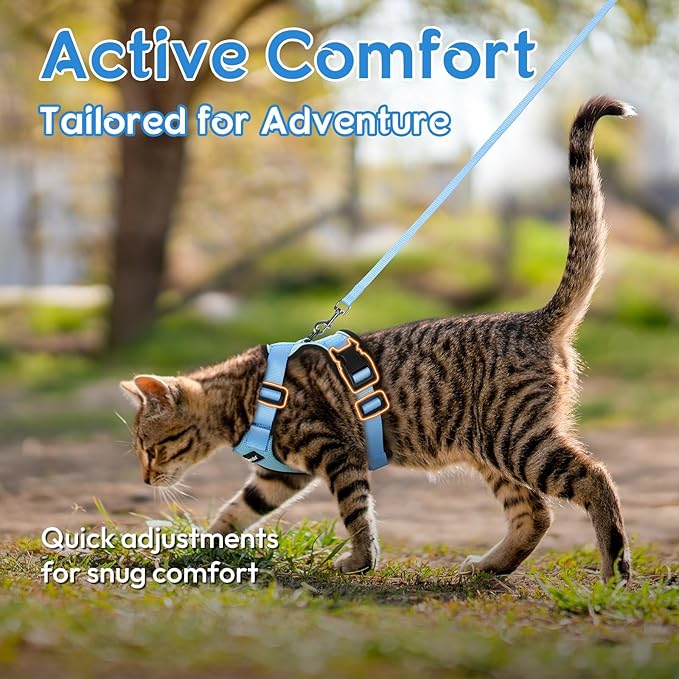 Dooradar Cat Harness and Leash Set, Escape Proof Safe Adjustable Kitten Vest Harnesses for Walking, Easy Control Soft Breathable Mesh Jacket with Reflective Strips for Cats, Light Blue, S