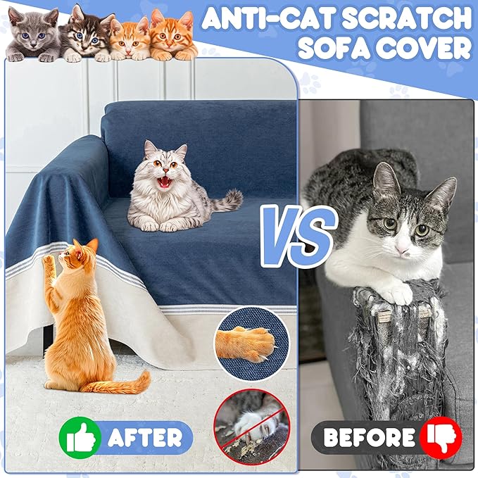 Cat Scratch Furniture Protector - Anti-Slip, Waterproof Sofa Cover to Keep Cats Off, Pet-Friendly Couch Protectors for 3 Cushion Couch, Anti-Scratch Couch Cover for Pets and Kids 118"X91"Navy Blue