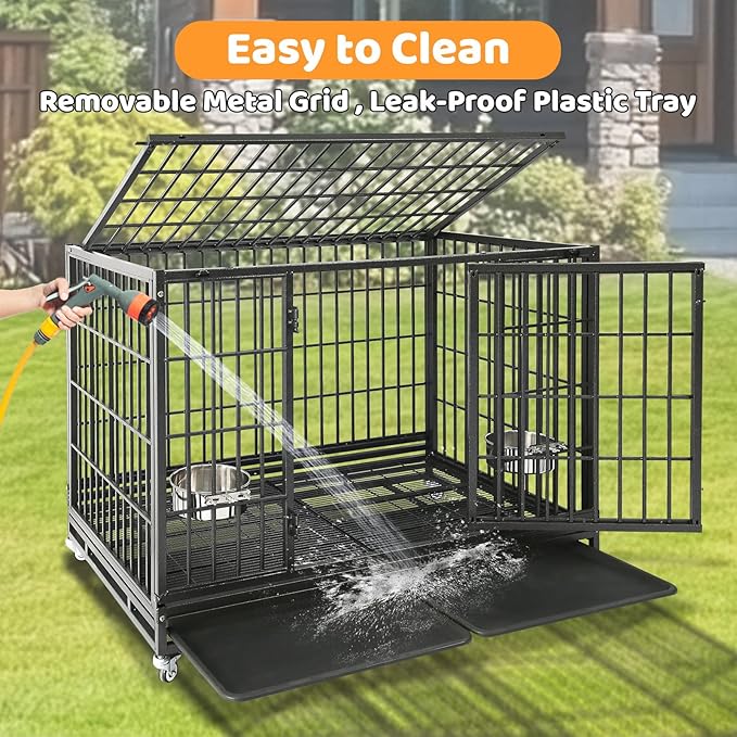 Homey Pet 48/43/37 Inch Heavy Duty Indestructible Dog Crate, Stackable Escape Proof Dog Cage Kennel Indoor with Two Trays, Metal Grids, Wheels, Bowls, Double Doors for High Anxiety Large Dogs