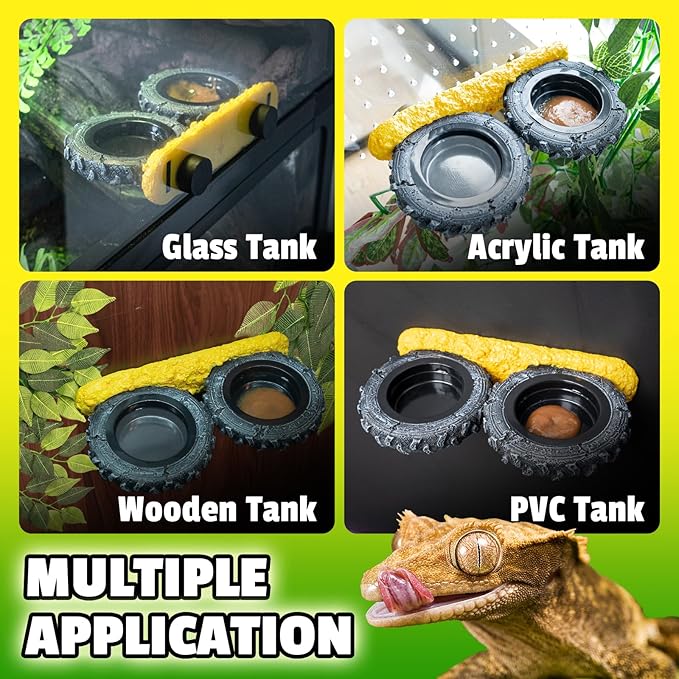 Magnetic Reptile Feeder Ledge, Crested Gecko Feeding Ledge with PVC Food Bowls, Tire-Shaped Reptile Food Dish for Crested Gecko Leopard Gecko Lizard Frog Bearded Dragon