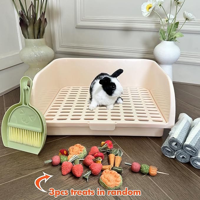 Rabbit Litter Box for Cage with Grate, Large Rabbit Litter Pan for Bunny, Ferret, Guinea Pig, Chinchilla, Easy Clean Small Animal Potty Tray for Toilet Training (Cream)