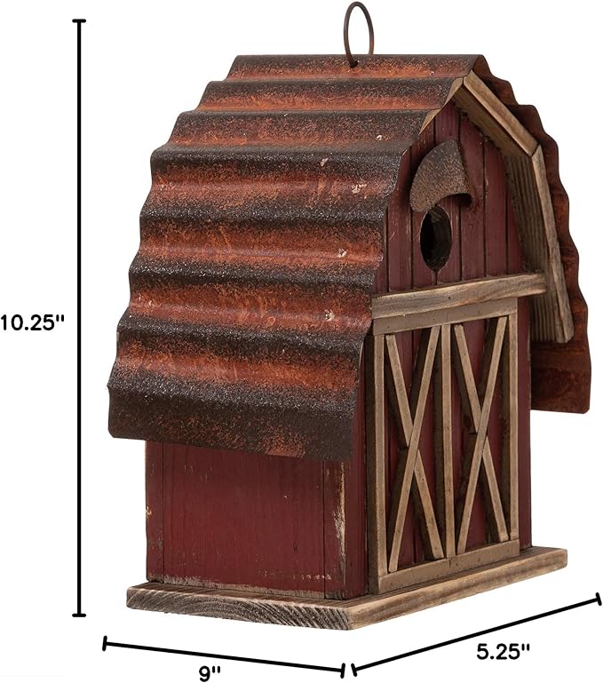 Glitzhome 10.25" H Hanging Birdhouse Rustic Wooden Barn Garden Bird House for Outdoor