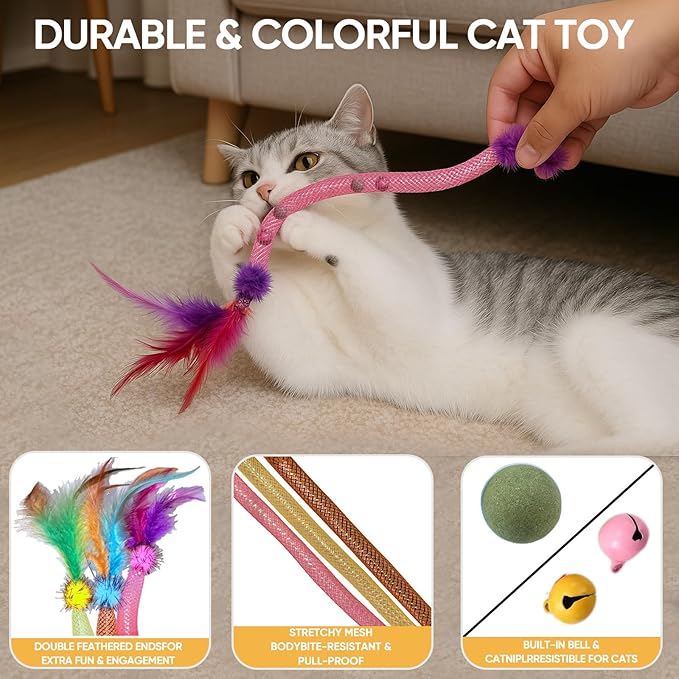 Cat Toys for Indoor Cats โ 2 Pack Feather Toys with Pom-Pom & Bells, 19.5 Inch Teething Cat Toys Bundle for Chew, Cat Spiral Spring, Kitten Teething Toys