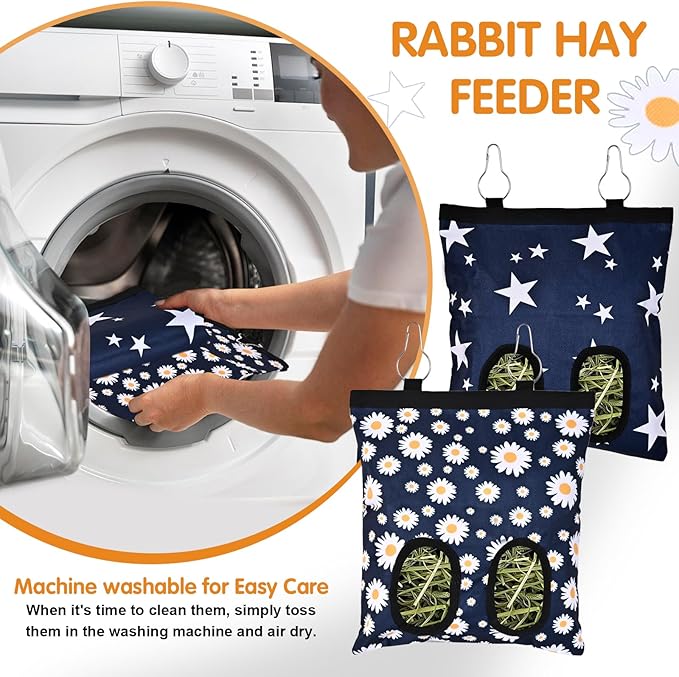Upgraded Rabbits Hay Feeder Bag for Bunny, Guinea Pigs, Chinchillas - Hanging Washable 2-Hole Hay Dispenser with 600D Oxford Fabric, Small Animal Cage Accessories (Star+Daisy)