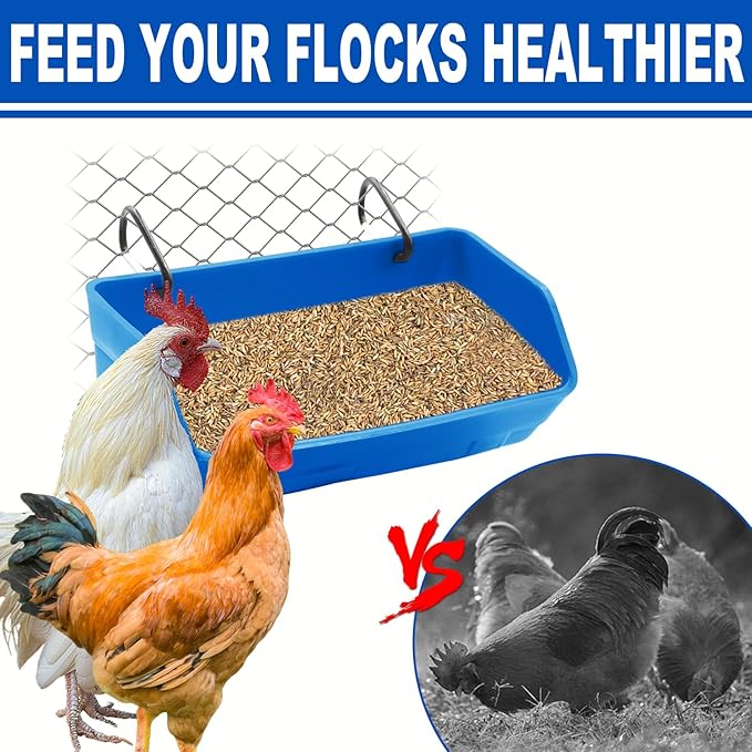 Fence Hanging Chicken Feeder - 4 Pack Feed Trough with Clips for Goat Duck Sheeple Horse Goose, Pig Poultry, Chicken Feeder Bucket Feeding Container for Livestock (Blue)