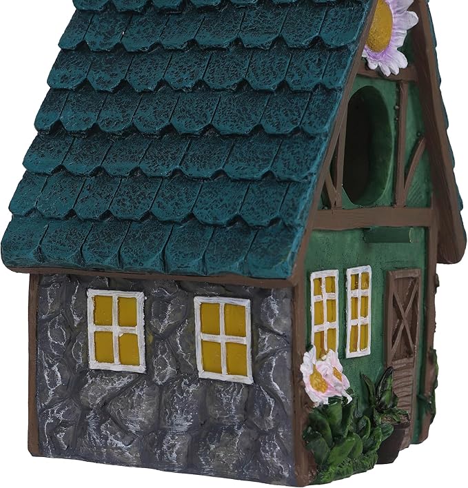 Green Resin Bird House with Slanted Roof, 1.5" Entry Hole Weatherproof Outdoor Decor for Cardinals Finches, Rustic Bird Sanctuary for Backyard Patio Garden