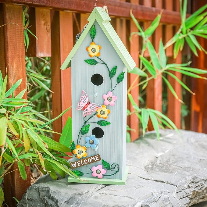 Yinns Hanging Birdhouse for Outdoor, Garden Decorative Wooden Bird House, Colorful Flower Two-Tiered for Hummingbird Small Bird