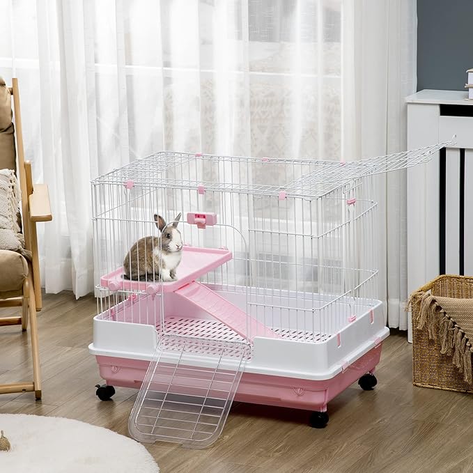 PawHut 2-Level Small Animal Cage Rabbit Hutch with Wheels, Removable Tray, Platform and Ramp for Bunny, Chinchillas, Ferret, Pink