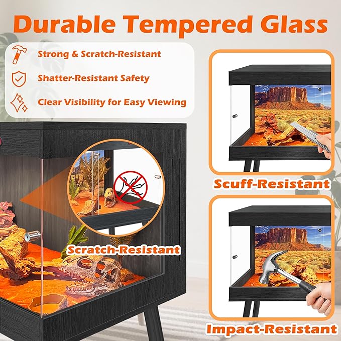 Royxen Bearded Dragon Tank with Metal Mesh Top and Leg Stand, Tempered Glass Reptile Tank,Reptile Enclosure,Lizard Tank for Chameleon,Snake,Lizard Habitat(32inch,Black)