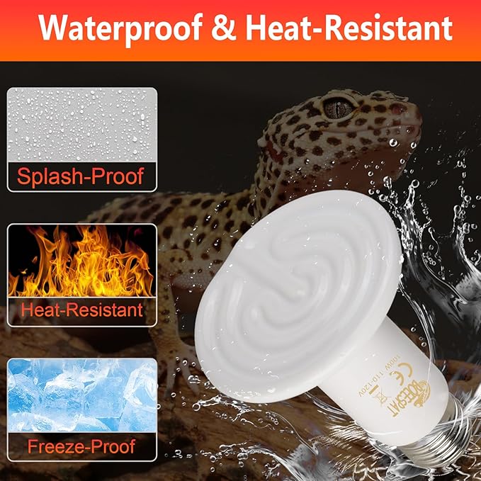 Energy Efficient 75W Reptile Heat Bulbs, Pack of 2 Ceramic Heat Emitters for Reptile Geckos, Bearded Dragon, Lizard, Iguana & Small Pets (White, 75 Watts)
