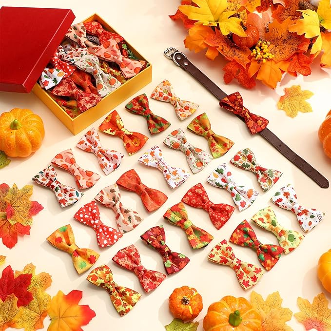 Hillban 50 Pcs Fall Collar Dog Bow Ties Maple Leaves Dogs Collar Accessories Pets Bow Ties Attachment with Elastic Bands Detachable Charms for Doggie Fall Autumn Costume