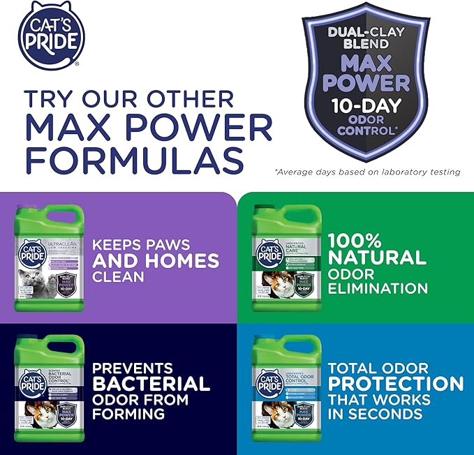 Cat's Pride Max Power: Total Odor Control - Up to 10 Days of Powerful Odor Control - Strong Clumping - 99% Dust Free - Multi-Cat Litter, Scented, 15 Pounds