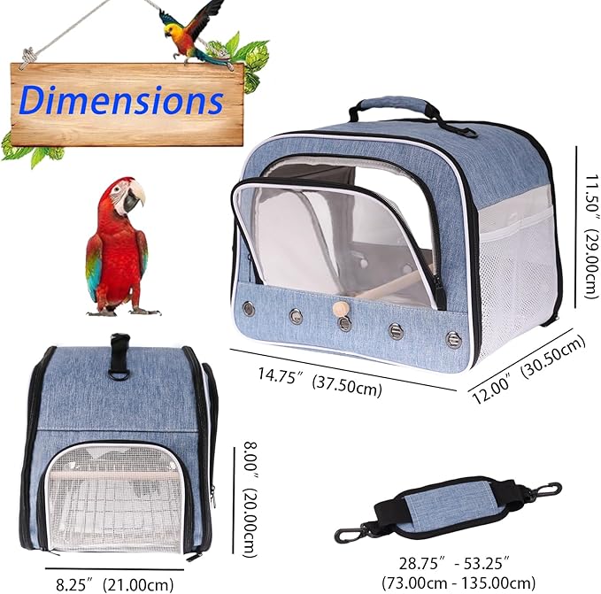 Bird Travel Carrier Cage for Large Size Parrot, Portable Bag with Metal Tray and Grid to Carry and Transport Medium and Large Birds Like African Grey, Long Tail Cockatiel and Parrot