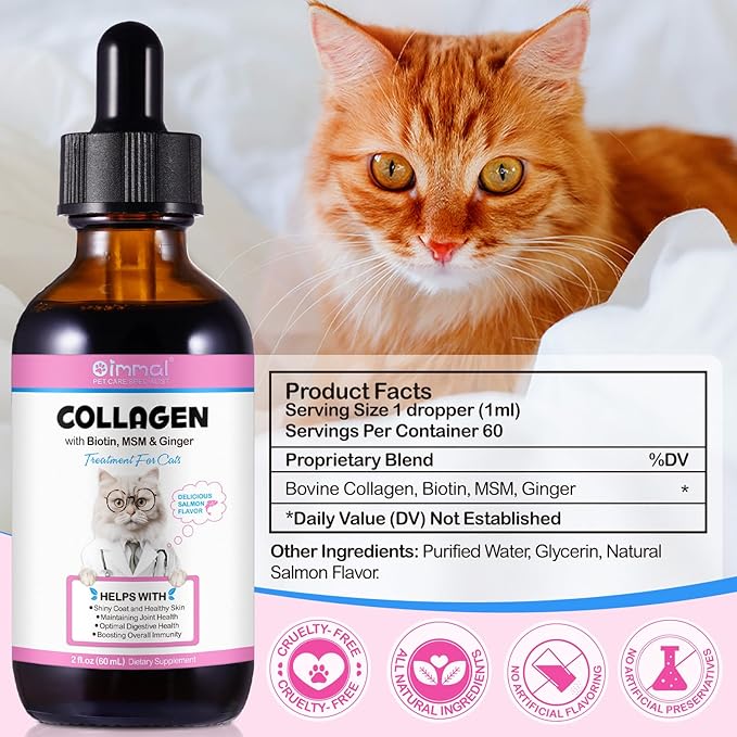 Collagen for Cats, Cat Collagen Liquid Drops for Cats with Biotin, MSM & Ginger Digestive & Immunity Support, Itch Relief, Skin & Coat and Joint Health, Cat Supplement 60ml 