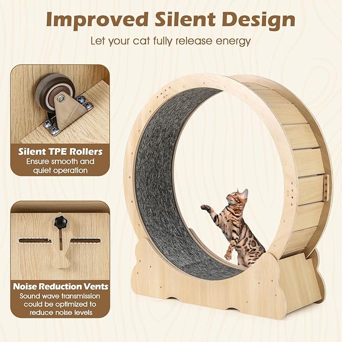 Tangkula Cat Wheel for Indoor Cats, 40 Inch Large Cat Exercise Wheel with Lockable Mechanism, Carpeted Runaway, Wooden Ultra Low Noise Running Treadmill with a Teaser Toy for Kitty Fitness