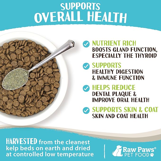 Raw Paws Organic Kelp Powder for Dogs & Cats (16-Ounce) - Supports Thyroid, Digestive & Immune Health - Dried Sea Kelp for Dogs - Seaweed Powder Supplement