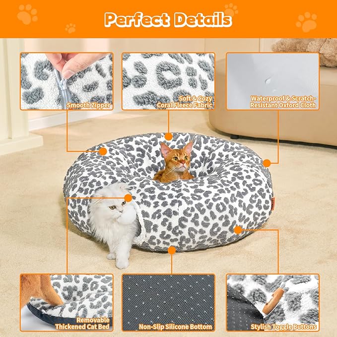 Cat Tunnel Bed 35.5 Inch XL Cat Donut Tunnels for Indoor Cats Cute Tubes Round Pet Play Tunnel Toy for Kitten Puppy Rabbit with Washable Circle Cushion Leopard Grey