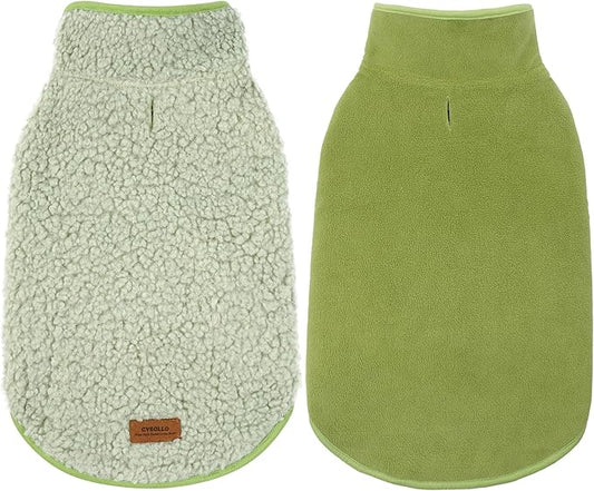 cyeollo Warm Dog Coat Fleece Sherpa Winter Sweater Coats, Turtleneck Dog Jacket Vest for Small Medium Large Dogs with Leash Hole, Soft Reversible Pet Coats for Cold Weather, Green, L