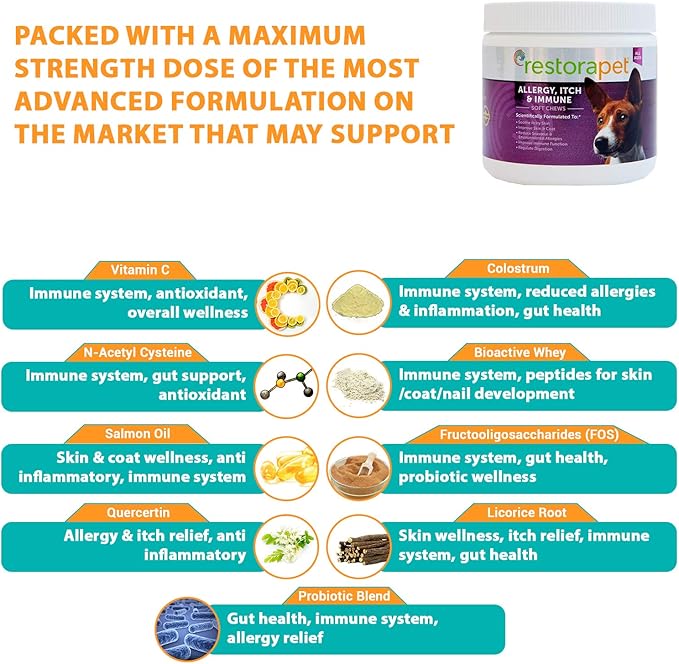 RestoraPet Allergy, Itch & Immune Soft Chews - Natural Supplement for Dogs - Support Immunity, Soothe Skin Irritation, Improve Coat Quality β with Lactoferrin, Colostrum & Omega 3-60 Bacon Chewables