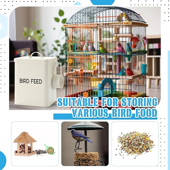 2 Pcs Metal Bird Seed Container with Scoop, White Bird Feed Storage Container with Fitted Lid, Ideal Gift for Birds and Pet Owners