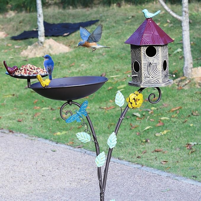 54.3 Tall Outdoor Metal Bird Bath Combo, Birdhouses for Outdoors, Bird Feeder Tray and Planter 4 in 1 Garden Yard Decoration