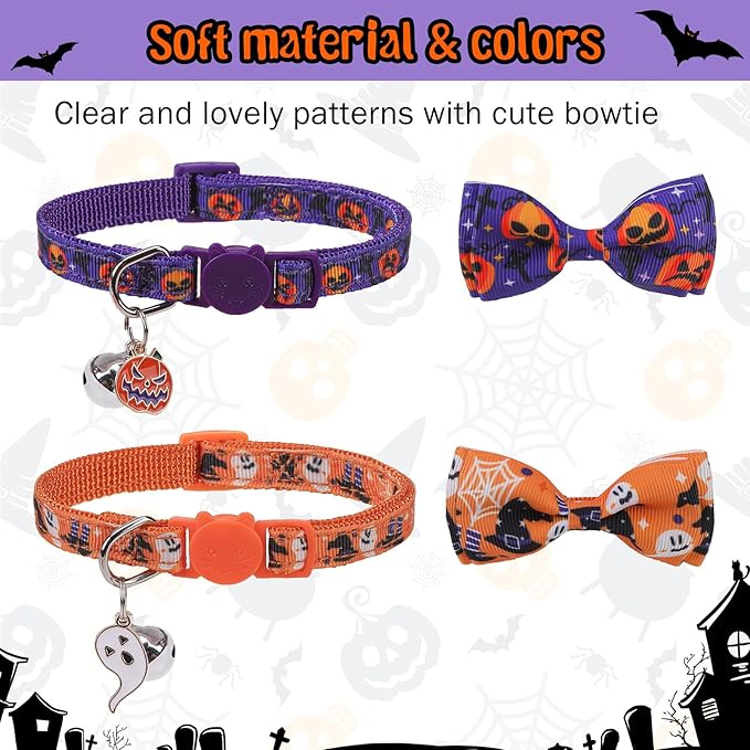 SCENEREAL Cat Collar Breakaway Halloween Theme 3 Pack, Safety Collars, Pet Accessory for Outdoor and House Cats Kittens, Orange Purple