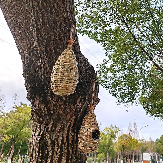 TIHOOD 4PCS 9.2 x 4 Inches Hand Woven Hummingbird House,Bird Hut and Hummingbird Houses Nest, Small Hanging Bird & Chickadee House for Finch & Canary in Outdoor