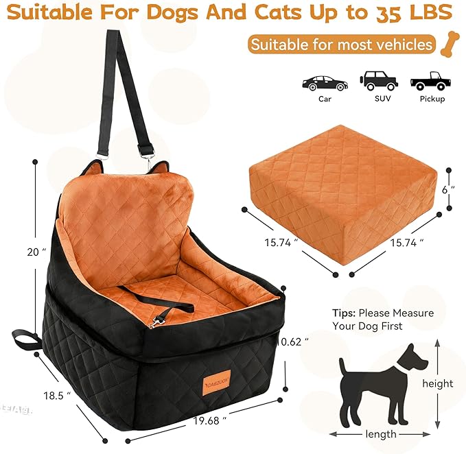 Dog Car Seat for Small/Medium Dogs Up to 35lbs,Elevated Cushion Fits in Front/Back Seat,Travel Safety Per Car Bed with Washable Removable Cover, Storage 2 Pockets Black-Orange