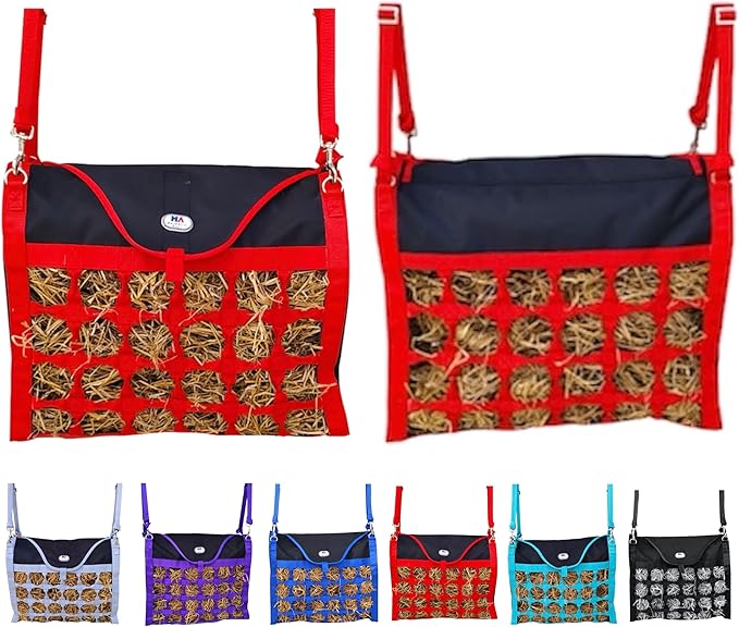 Majestic Ally Animal Health Hay Bag for Horses, 2.5" Holes, Top Load, Travel Feeder, Reduces Waste, 1 Year Warranty, Multiple Colors (Red-Black)