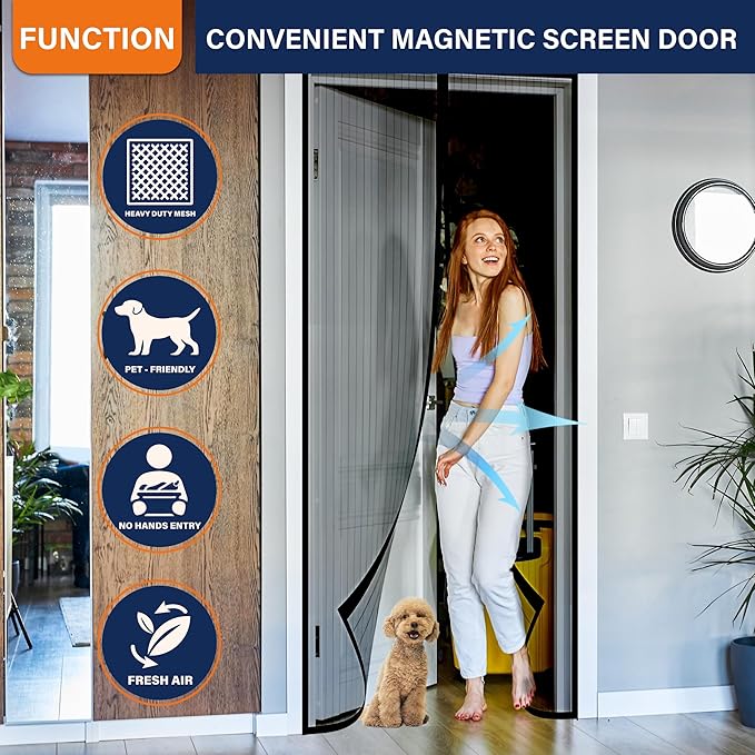 Magnetic Screen Door, Fit Door Size 32 x 96 Inches, Screen Doors with Magnets, Pet & Kid Friendly,Works with Front Doors, Sliding Doors Black