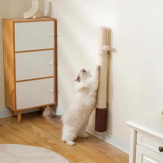 34" Wall Mounted Cat Scratcher – Extra-Tall Vertical Sisal Climber with Grooming Brush & Hanging Ball, Space-Saving Modern Cat Scratch Board, Hardware Included, Beige