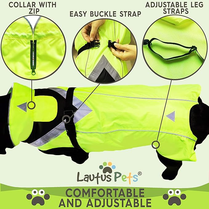 Dog Rain Coat - Waterproof, Reflective, Bright Yellow with Harness Hole (S, Yellow)