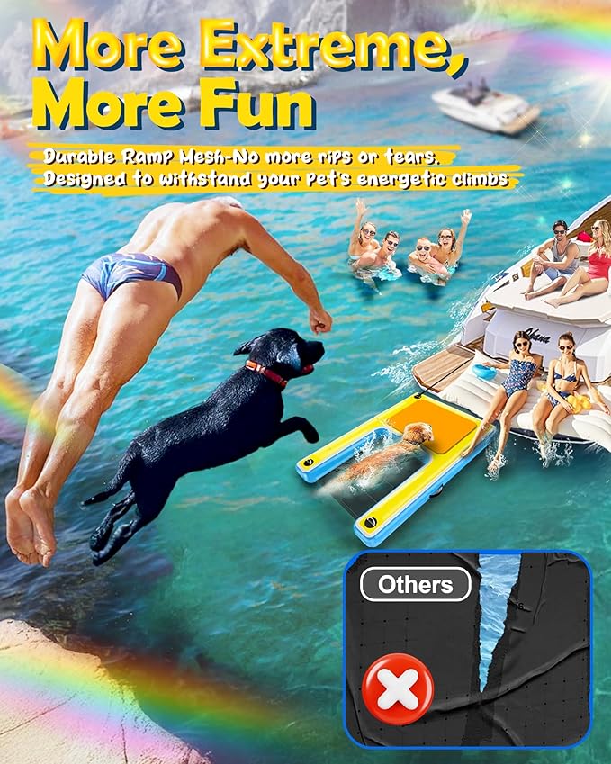 Inflatable Dog Ramp โ 60"x40" Extra Large Boat Ramp for Dogs Up to 240 lbs, Non-Slip Puncture-Resistant Inflatable Dock Floating Platform, Pool Floats Platform for Lakes, Boats, Lake, Trip