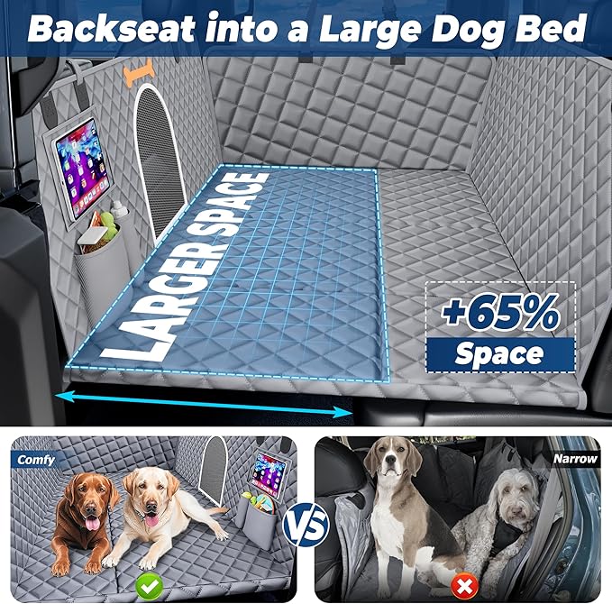 XL Dog Car Seat Cover for Back Seat,Hard Bottom Backseat Extender,45% Larger Space Dog Bed, 100% Waterproof Pet Seat Protector with Mesh Window, 3 Loading Boards, Car Hammock for Small Truck SUV