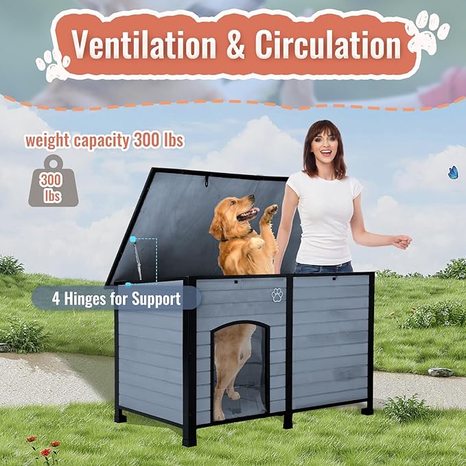 Outdoor Dog House, Indoor Outdoor Doghouse Puppy Shelter Dog House with Iron Frame,Anti-Bite Design Dog Home for Small Medium Some Large Dogs (Grey, Large)