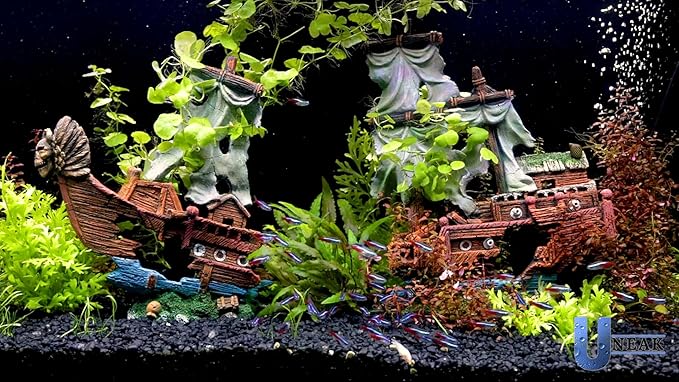 UNEAK - Large Shipwreck Aquarium Decorations Ornament w/Sail (2 Pieces) 20 Gallons high and Larger Fish Tank, Sunken Ship Decoration Ornaments, Pirate Boat, Resin, Freshwater Saltwater Decor